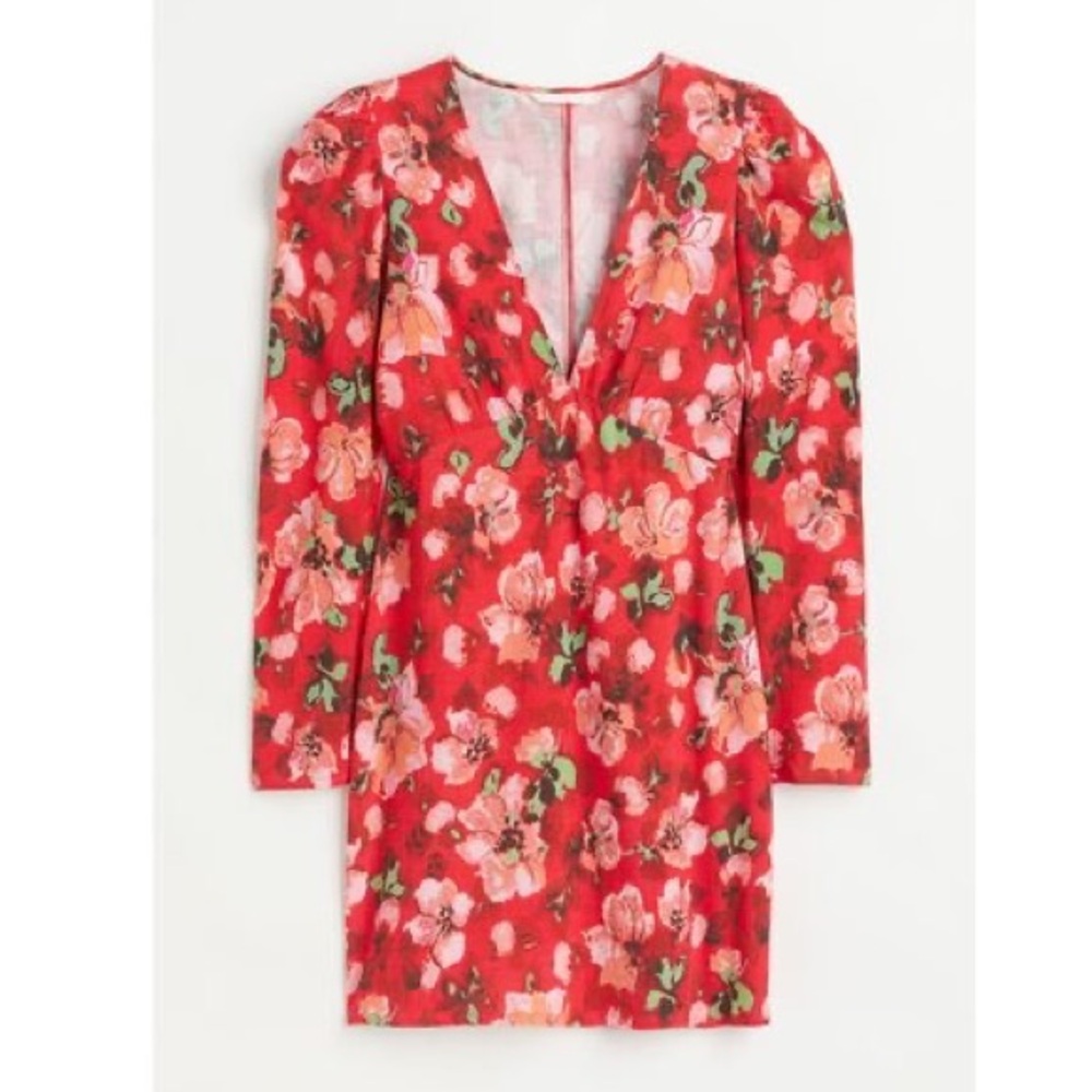NWT H&M plunge v neck long sleeve Floral Red Dress - Picture 4 of 8